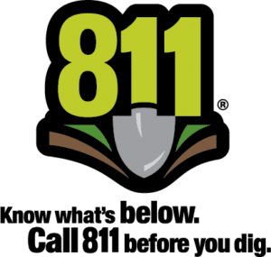 The image shows the 811 call-before-you-dig logo with a shovel graphic and the text: "Know what's below. Call 811 before you dig.